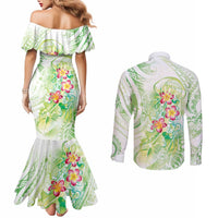 Summer Green Polynesian Jellyfish Couples Matching Mermaid Dress and Long Sleeve Button Shirt Watercolor Glows LT7 - Polynesian Pride