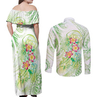 Summer Green Polynesian Jellyfish Couples Matching Off Shoulder Maxi Dress and Long Sleeve Button Shirt Watercolor Glows LT7 - Polynesian Pride