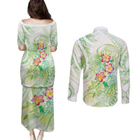 Summer Green Polynesian Jellyfish Couples Matching Puletasi and Long Sleeve Button Shirt Watercolor Glows LT7 - Polynesian Pride