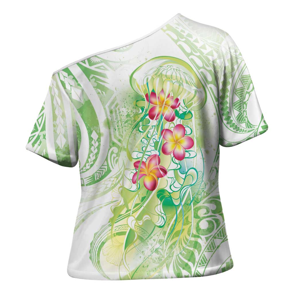 Summer Green Polynesian Jellyfish Cross Shoulder Shirt Watercolor Glows LT7 - Polynesian Pride
