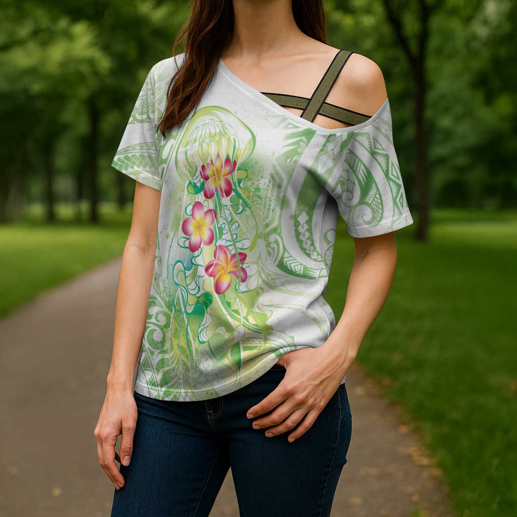 Summer Green Polynesian Jellyfish Cross Shoulder Shirt Watercolor Glows LT7 - Polynesian Pride
