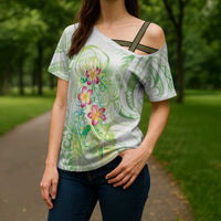 Summer Green Polynesian Jellyfish Cross Shoulder Shirt Watercolor Glows LT7 - Polynesian Pride