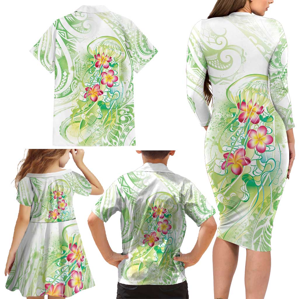 Summer Green Polynesian Jellyfish Family Matching Long Sleeve Bodycon Dress and Hawaiian Shirt Watercolor Glows - Polynesian Pride