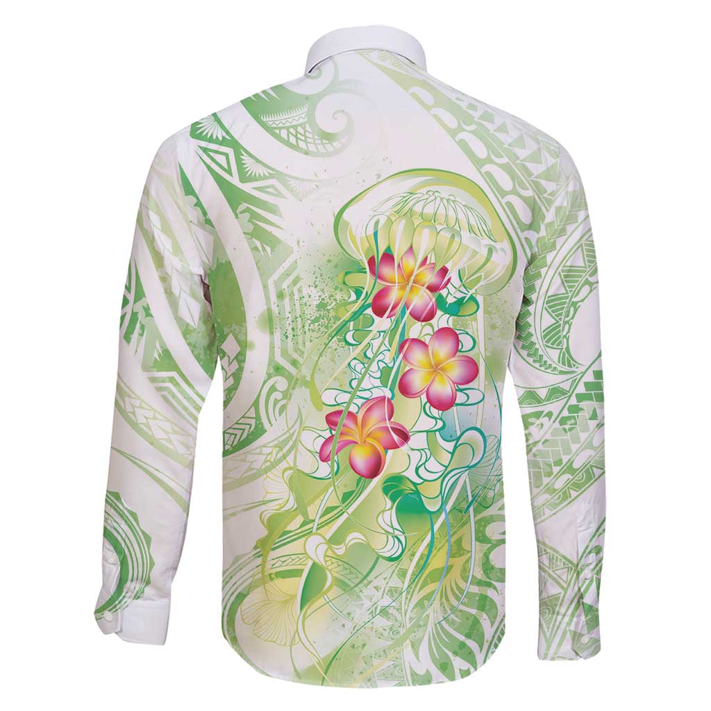Summer Green Polynesian Jellyfish Family Matching Long Sleeve Bodycon Dress and Hawaiian Shirt Watercolor Glows - Polynesian Pride