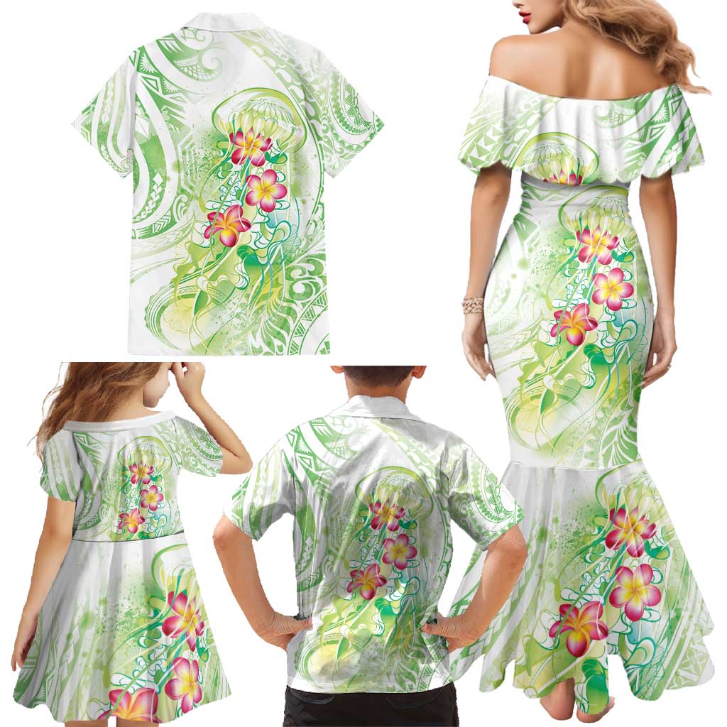 Summer Green Polynesian Jellyfish Family Matching Mermaid Dress and Hawaiian Shirt Watercolor Glows - Polynesian Pride