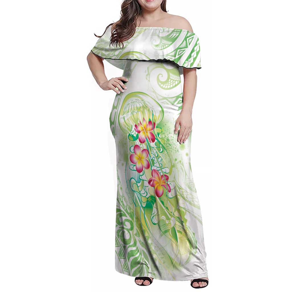 Summer Green Polynesian Jellyfish Family Matching Off Shoulder Maxi Dress and Hawaiian Shirt Watercolor Glows - Polynesian Pride