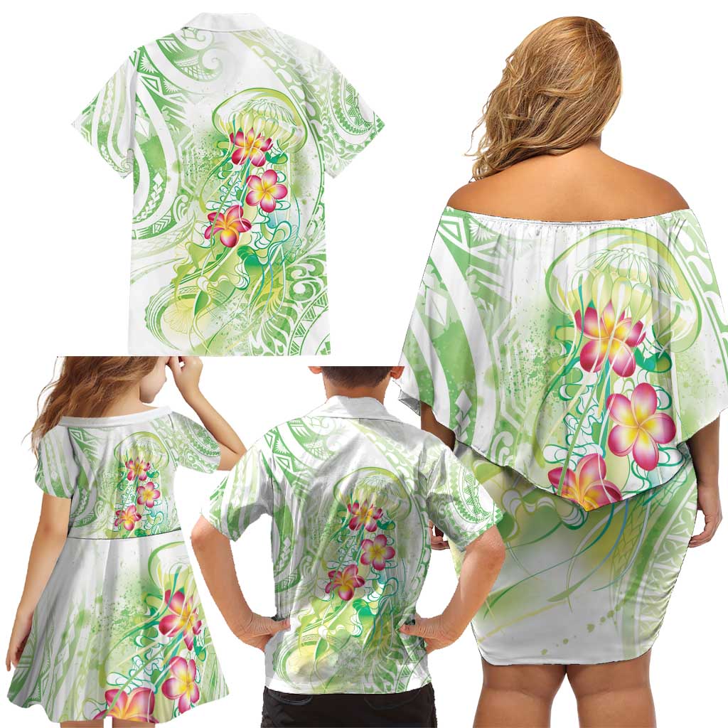 Summer Green Polynesian Jellyfish Family Matching Off Shoulder Short Dress and Hawaiian Shirt Watercolor Glows - Polynesian Pride