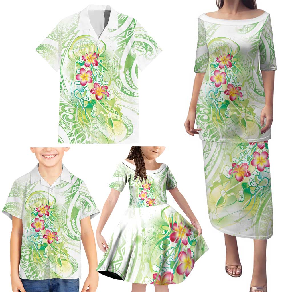 Summer Green Polynesian Jellyfish Family Matching Puletasi and Hawaiian Shirt Watercolor Glows LT7 - Polynesian Pride
