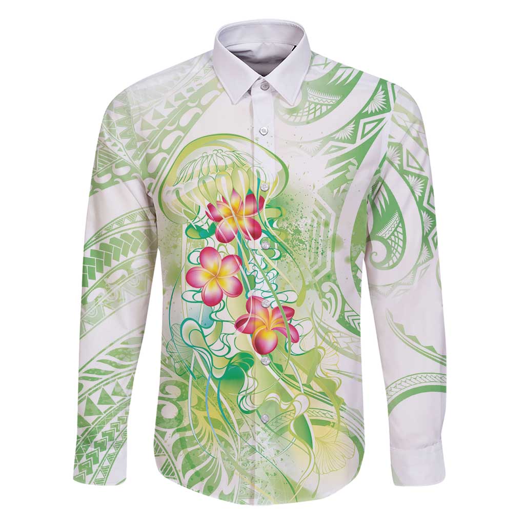 Summer Green Polynesian Jellyfish Family Matching Puletasi and Hawaiian Shirt Watercolor Glows LT7 Dad's Shirt - Long Sleeve Light Green - Polynesian Pride