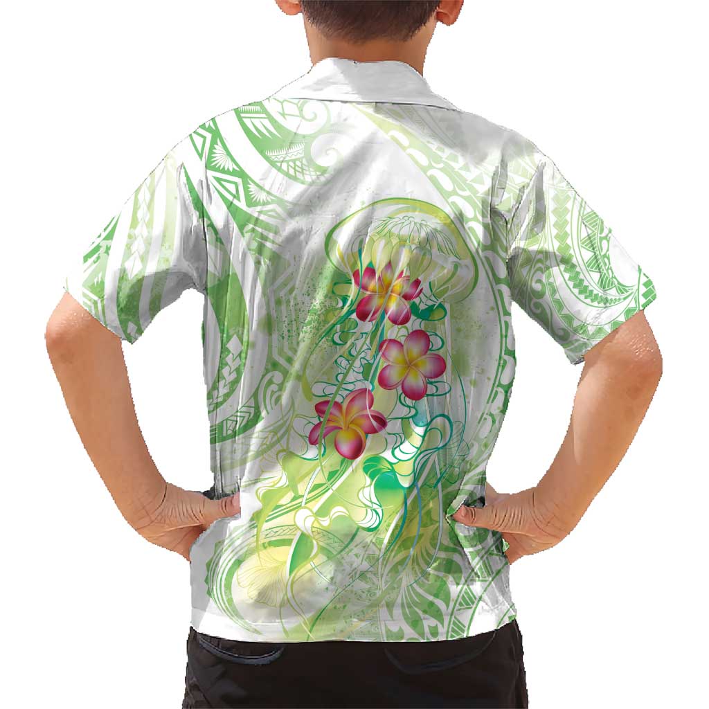 Summer Green Polynesian Jellyfish Family Matching Short Sleeve Bodycon Dress and Hawaiian Shirt Watercolor Glows - Polynesian Pride