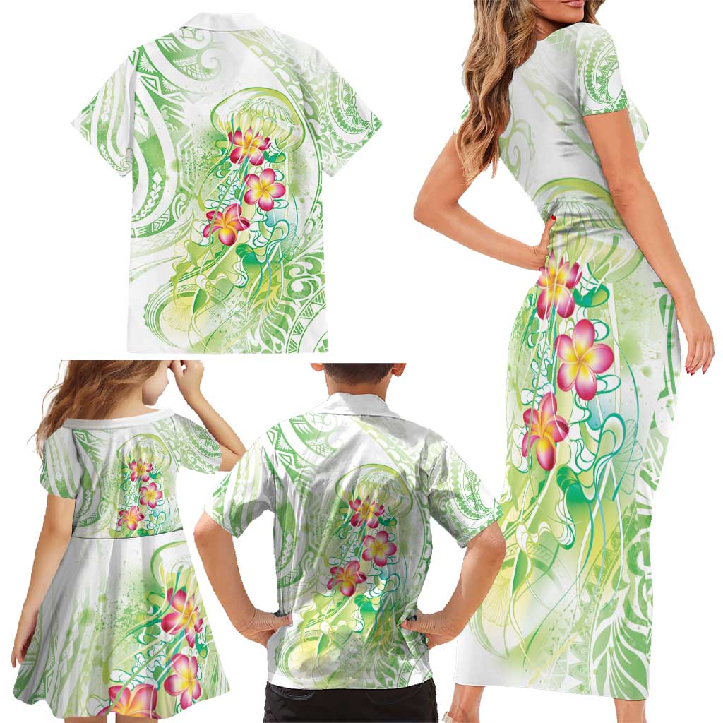 Summer Green Polynesian Jellyfish Family Matching Short Sleeve Bodycon Dress and Hawaiian Shirt Watercolor Glows - Polynesian Pride