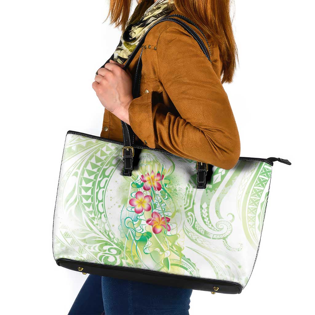 Summer Green Polynesian Jellyfish Leather Tote Bag Watercolor Glows - Polynesian Pride