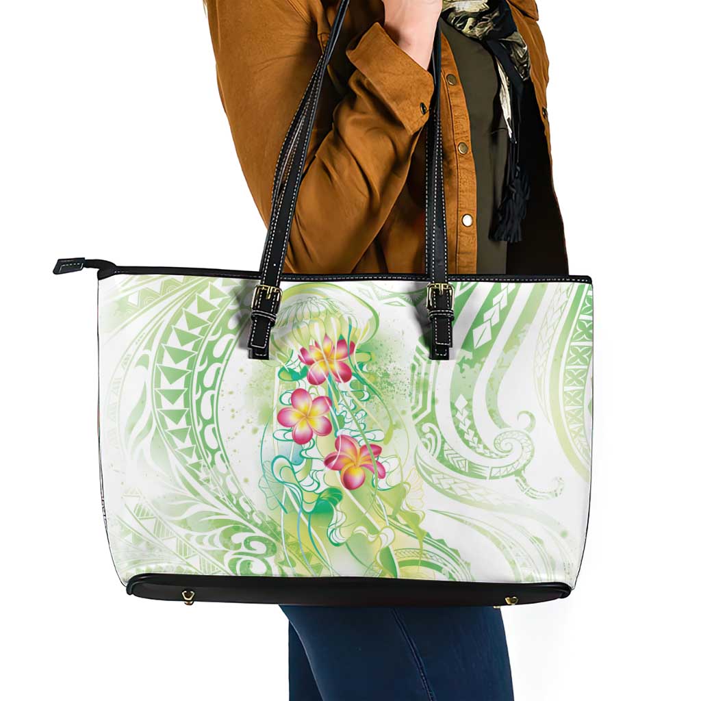 Summer Green Polynesian Jellyfish Leather Tote Bag Watercolor Glows - Polynesian Pride