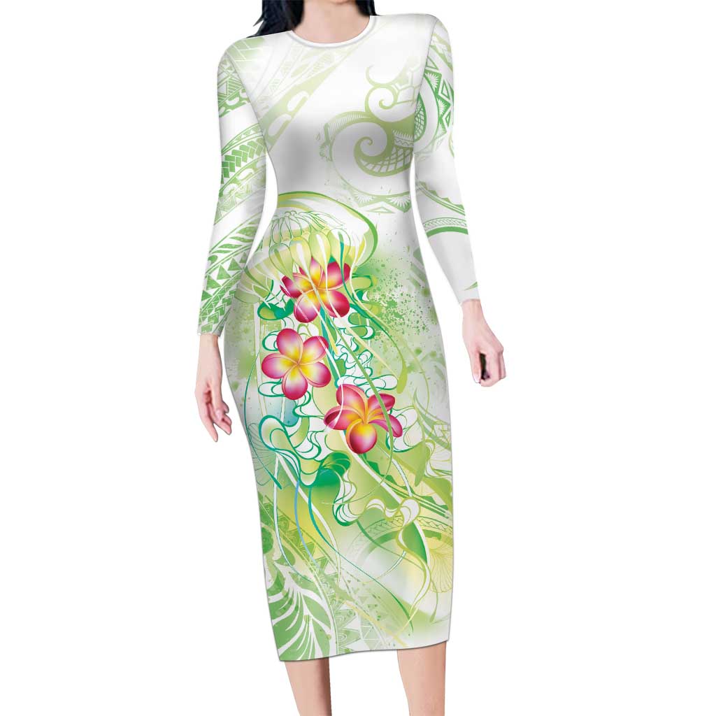 Summer Green Polynesian Jellyfish Long Sleeve Bodycon Dress Watercolor Glows - Polynesian Pride
