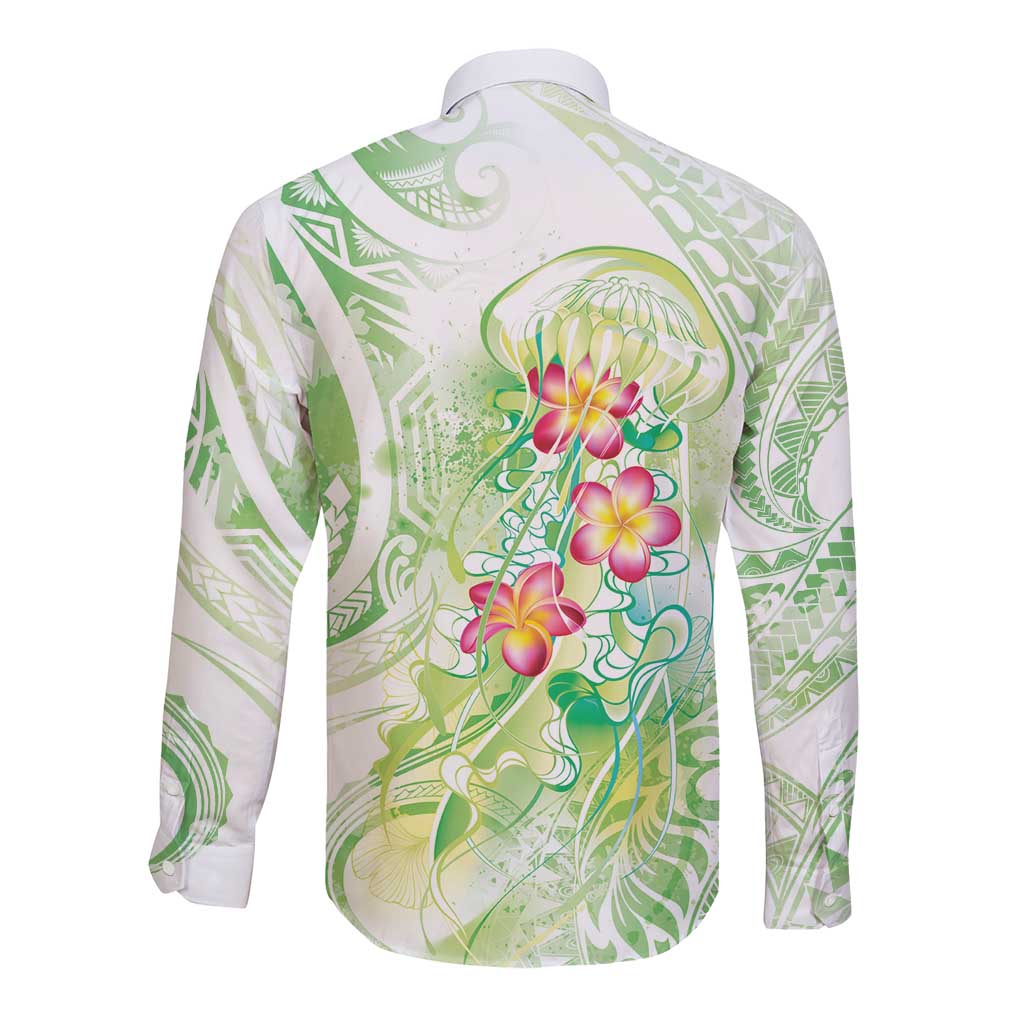 Summer Green Polynesian Jellyfish Long Sleeve Button Shirt Watercolor Glows LT7 - Polynesian Pride