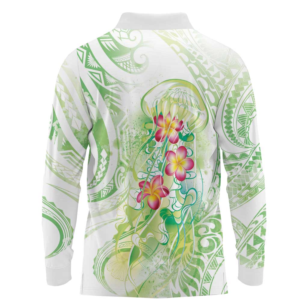 Summer Green Polynesian Jellyfish Long Sleeve Polo Shirt Watercolor Glows LT7 - Polynesian Pride