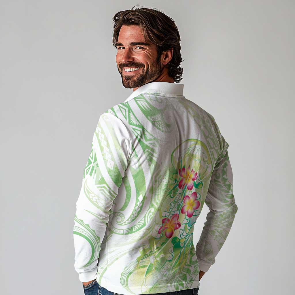 Summer Green Polynesian Jellyfish Long Sleeve Polo Shirt Watercolor Glows LT7 - Polynesian Pride