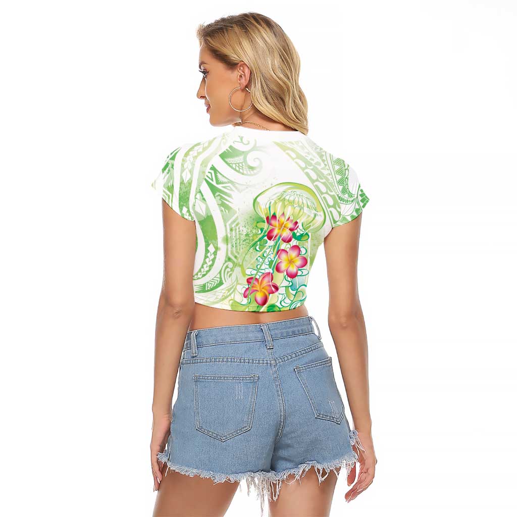 Summer Green Polynesian Jellyfish Raglan Cropped T Shirt Watercolor Glows - Polynesian Pride