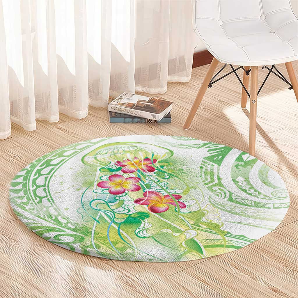 Summer Green Polynesian Jellyfish Round Carpet Watercolor Glows - Polynesian Pride