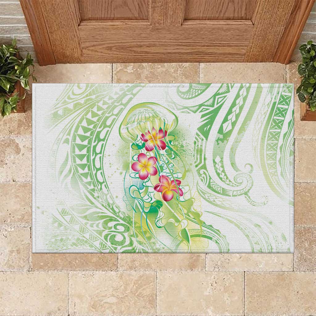 Summer Green Polynesian Jellyfish Rubber Doormat Watercolor Glows LT7 Light Green - Polynesian Pride
