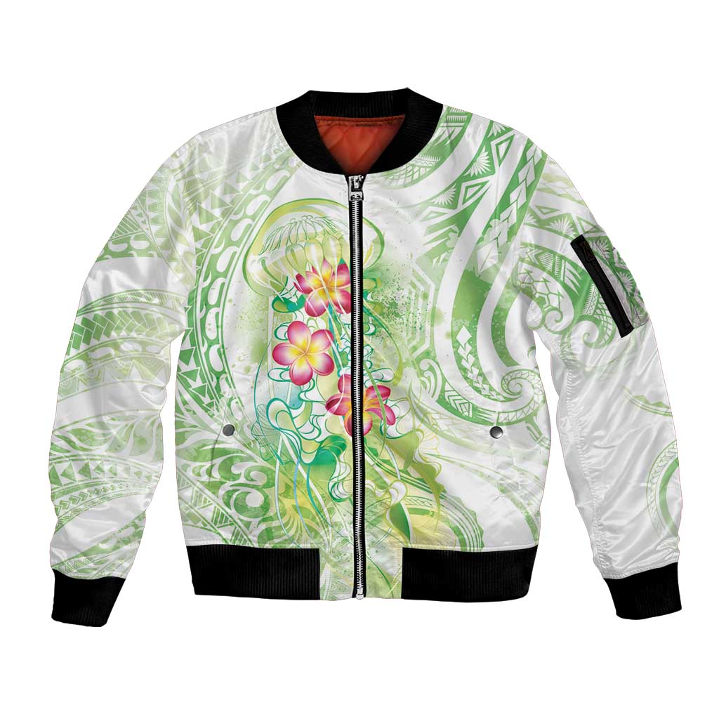Summer Green Polynesian Jellyfish Sleeve Zip Bomber Jacket Watercolor Glows - Polynesian Pride