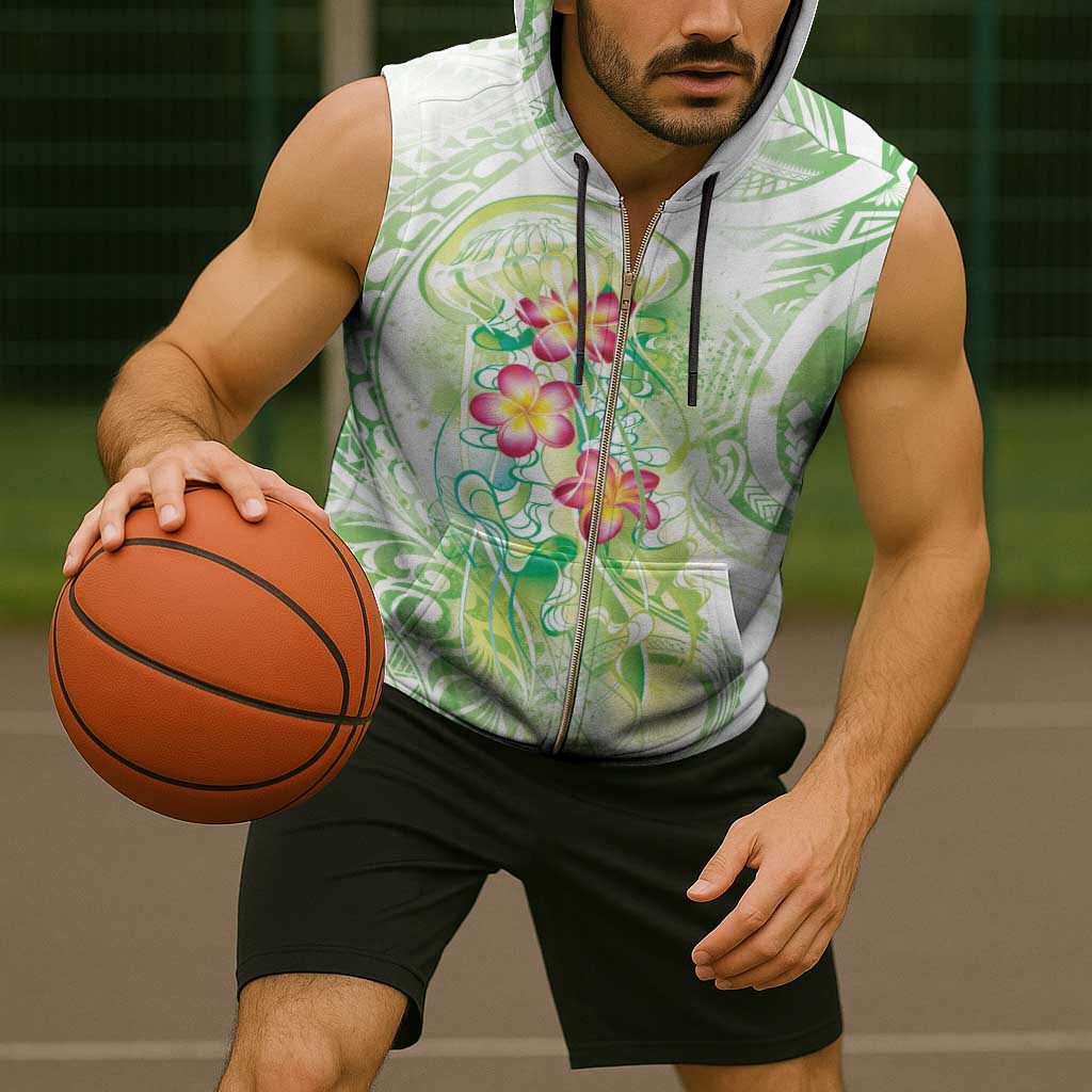 Summer Green Polynesian Jellyfish Sleeveless Zip Hoodie Watercolor Glows - Polynesian Pride