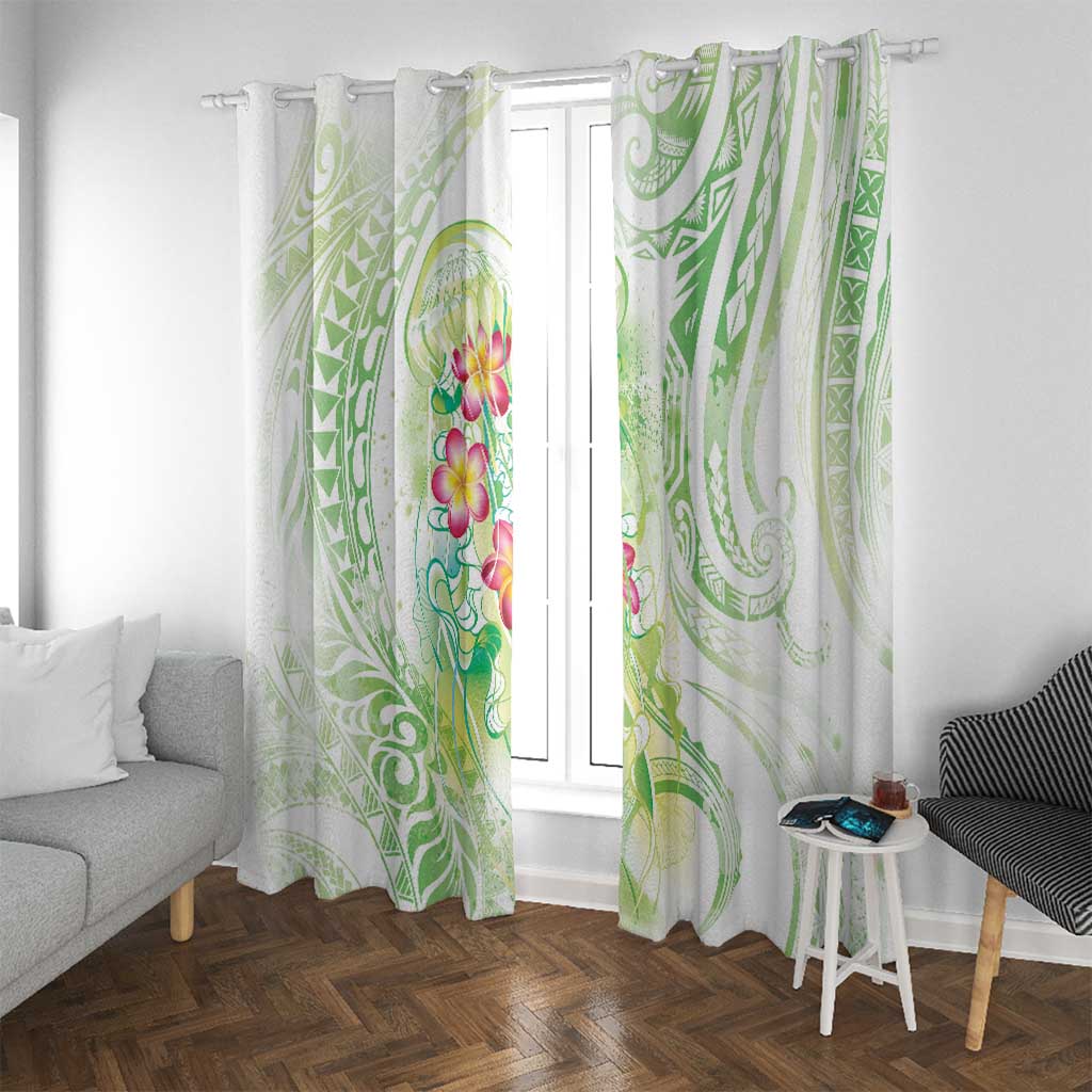 Summer Green Polynesian Jellyfish Window Curtain Watercolor Glows - Polynesian Pride