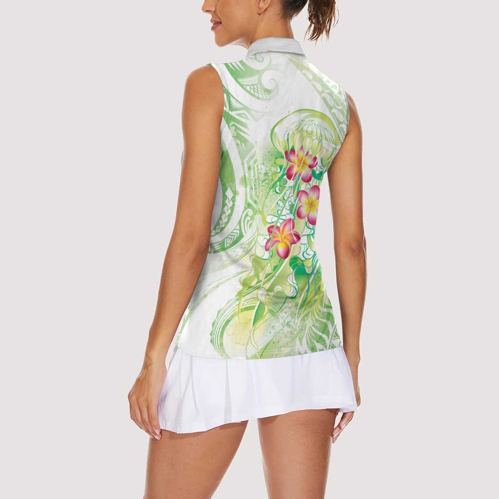 Summer Green Polynesian Jellyfish Women Sleeveless Polo Shirt Watercolor Glows LT7 - Polynesian Pride