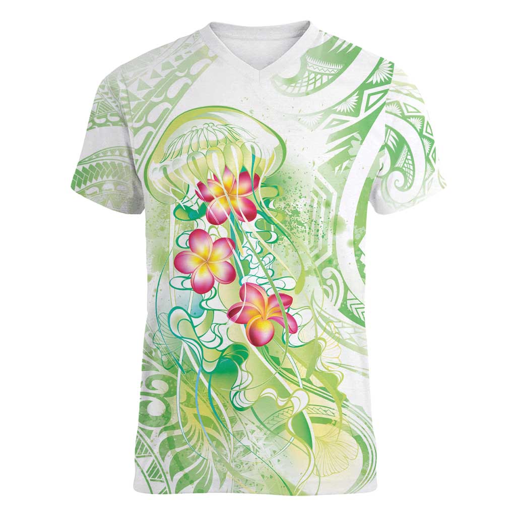 Summer Green Polynesian Jellyfish Women V-Neck T-Shirt Watercolor Glows - Polynesian Pride