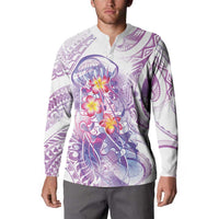 Lavender Polynesian Jellyfish Button Sweatshirt Watercolor Glows LT7 - Polynesian Pride