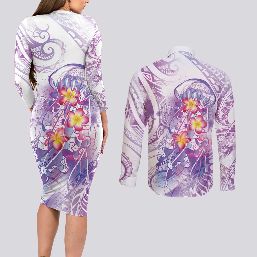 Lavender Polynesian Jellyfish Couples Matching Long Sleeve Bodycon Dress and Long Sleeve Button Shirt Watercolor Glows LT7 - Polynesian Pride