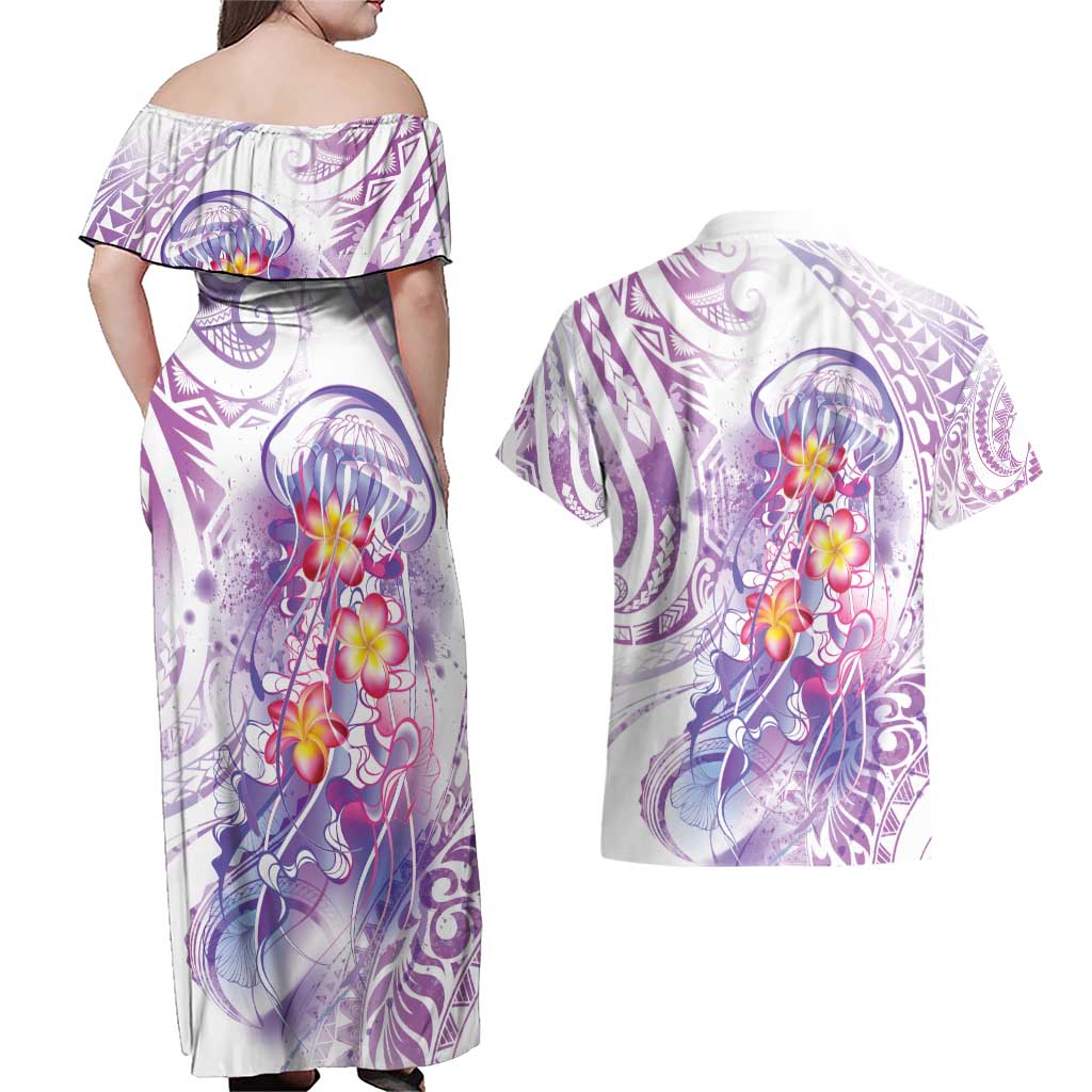 Lavender Polynesian Jellyfish Couples Matching Off Shoulder Maxi Dress and Hawaiian Shirt Watercolor Glows - Polynesian Pride