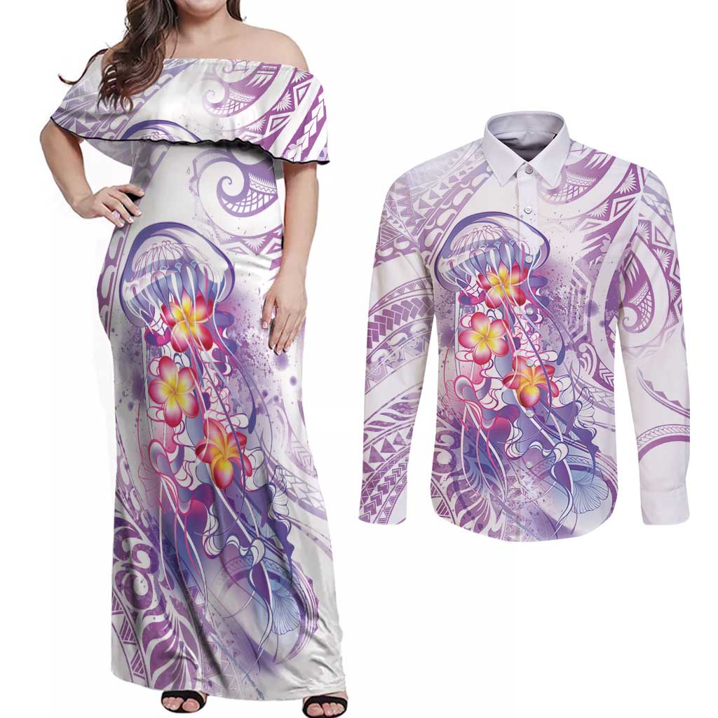 Lavender Polynesian Jellyfish Couples Matching Off Shoulder Maxi Dress and Long Sleeve Button Shirt Watercolor Glows LT7 Lavender - Polynesian Pride