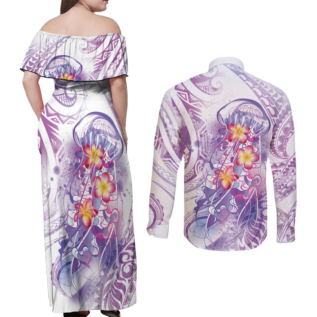 Lavender Polynesian Jellyfish Couples Matching Off Shoulder Maxi Dress and Long Sleeve Button Shirt Watercolor Glows LT7 - Polynesian Pride