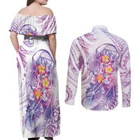Lavender Polynesian Jellyfish Couples Matching Off Shoulder Maxi Dress and Long Sleeve Button Shirt Watercolor Glows LT7 - Polynesian Pride