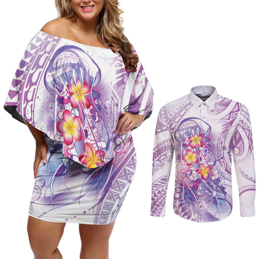 Lavender Polynesian Jellyfish Couples Matching Off Shoulder Short Dress and Long Sleeve Button Shirt Watercolor Glows LT7 Lavender - Polynesian Pride