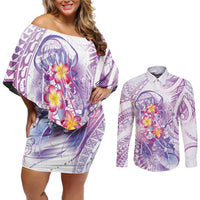 Lavender Polynesian Jellyfish Couples Matching Off Shoulder Short Dress and Long Sleeve Button Shirt Watercolor Glows LT7 Lavender - Polynesian Pride