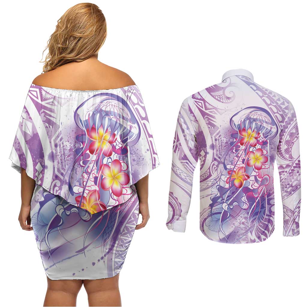 Lavender Polynesian Jellyfish Couples Matching Off Shoulder Short Dress and Long Sleeve Button Shirt Watercolor Glows LT7 - Polynesian Pride
