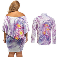 Lavender Polynesian Jellyfish Couples Matching Off Shoulder Short Dress and Long Sleeve Button Shirt Watercolor Glows LT7 - Polynesian Pride