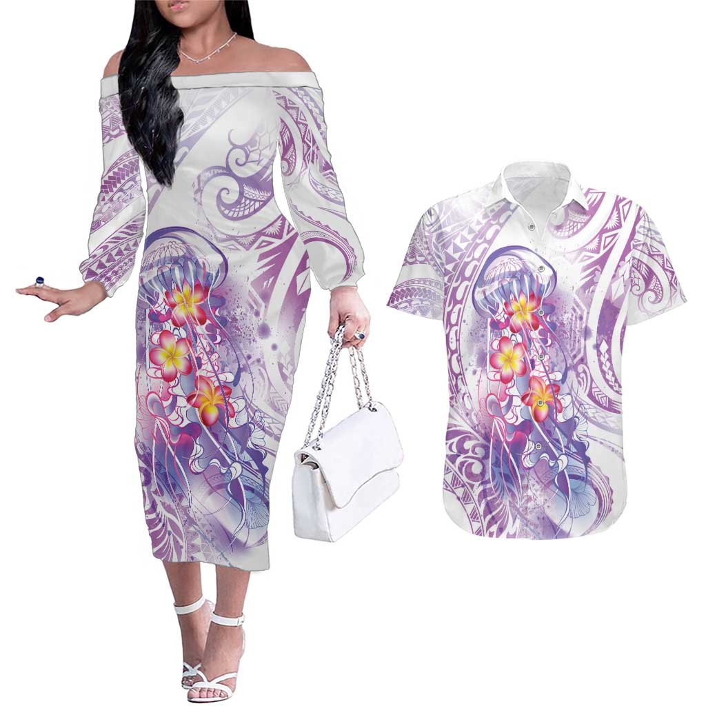 Lavender Polynesian Jellyfish Couples Matching Off The Shoulder Long Sleeve Dress and Hawaiian Shirt Watercolor Glows - Polynesian Pride