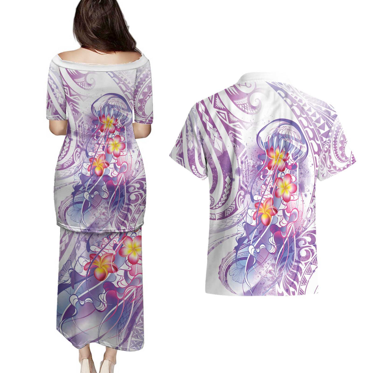 Lavender Polynesian Jellyfish Couples Matching Puletasi and Hawaiian Shirt Watercolor Glows LT7 - Polynesian Pride