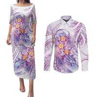 Lavender Polynesian Jellyfish Couples Matching Puletasi and Long Sleeve Button Shirt Watercolor Glows LT7 Lavender - Polynesian Pride