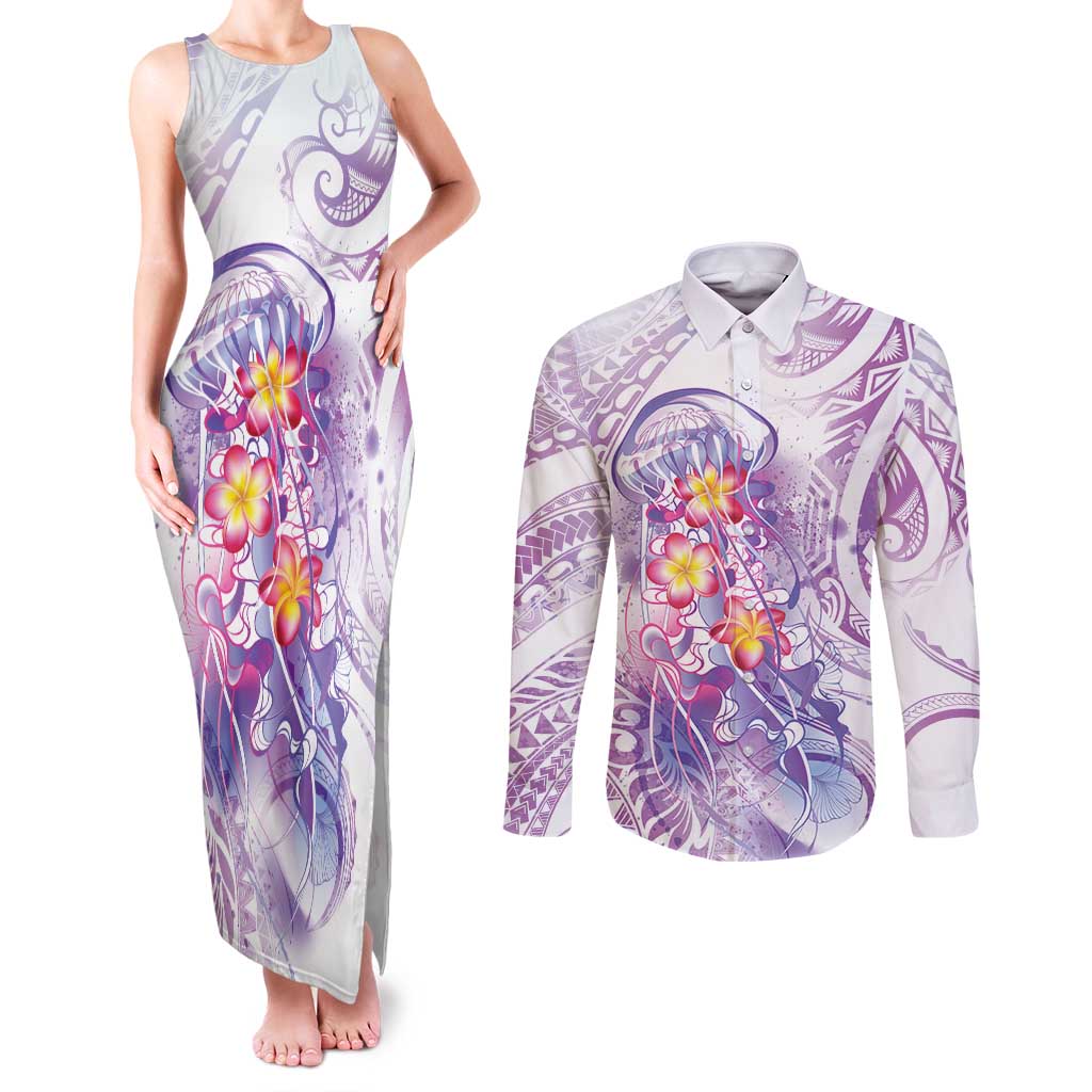 Lavender Polynesian Jellyfish Couples Matching Tank Maxi Dress and Long Sleeve Button Shirt Watercolor Glows LT7 Lavender - Polynesian Pride