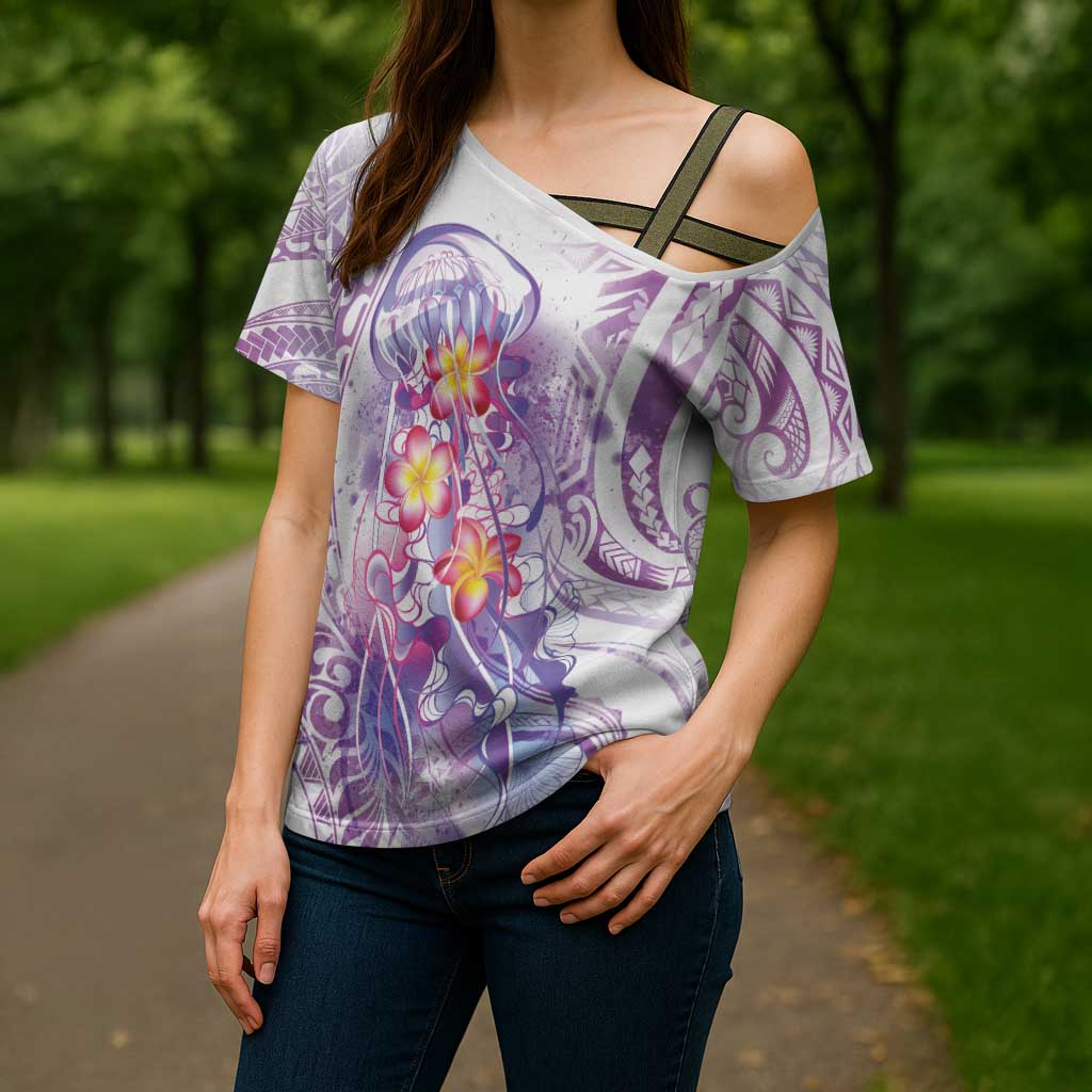 Lavender Polynesian Jellyfish Cross Shoulder Shirt Watercolor Glows LT7 - Polynesian Pride
