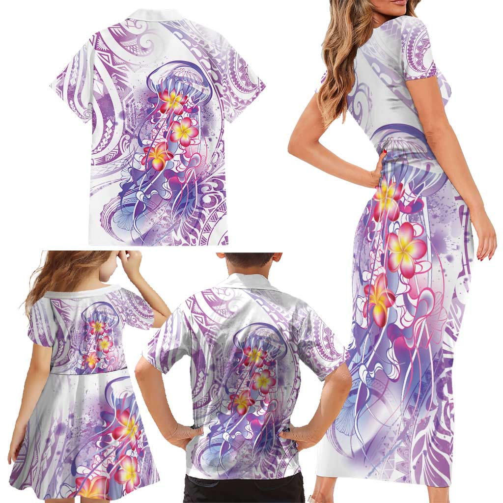 Lavender Polynesian Jellyfish Family Matching Short Sleeve Bodycon Dress and Hawaiian Shirt Watercolor Glows - Polynesian Pride
