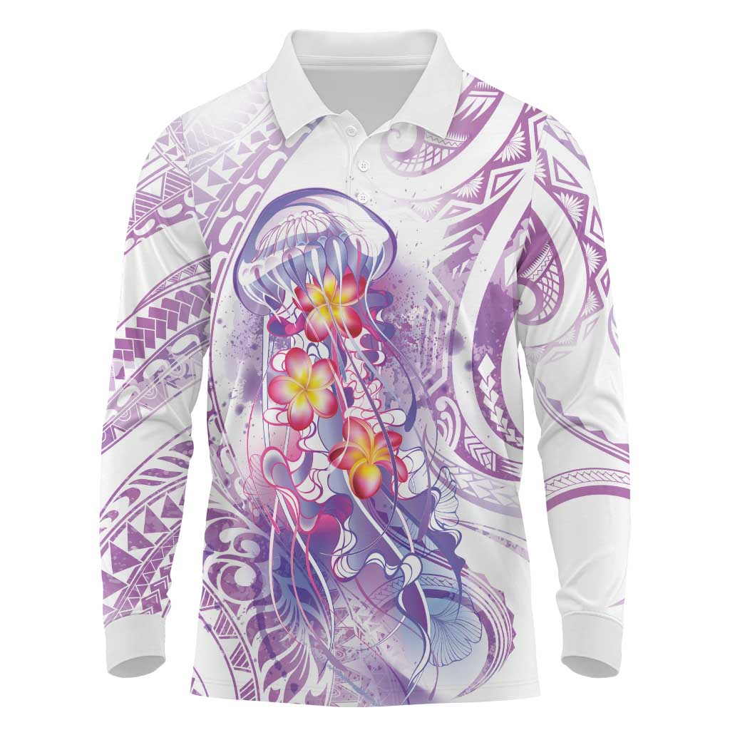 Lavender Polynesian Jellyfish Long Sleeve Polo Shirt Watercolor Glows LT7 Lavender - Polynesian Pride