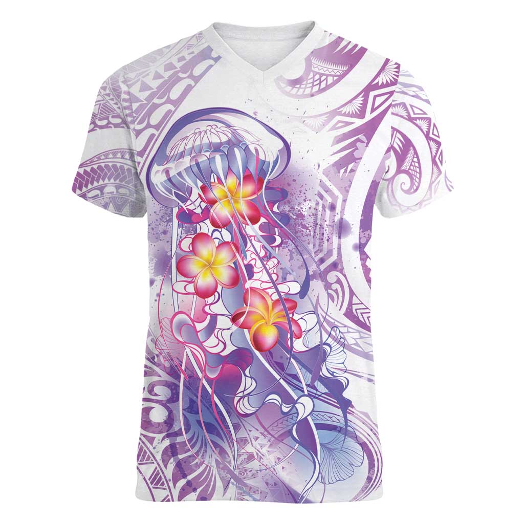 Lavender Polynesian Jellyfish Women V-Neck T-Shirt Watercolor Glows - Polynesian Pride