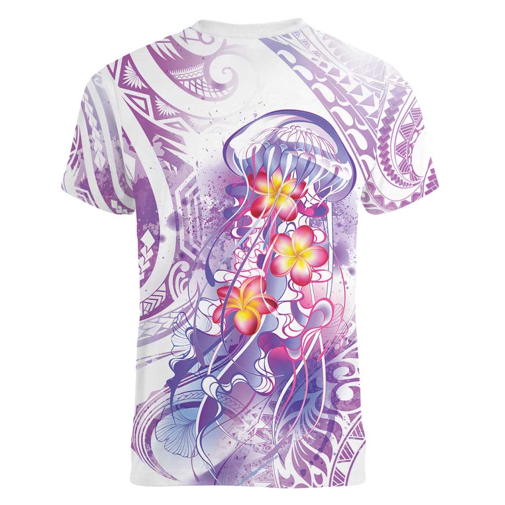Lavender Polynesian Jellyfish Women V-Neck T-Shirt Watercolor Glows - Polynesian Pride