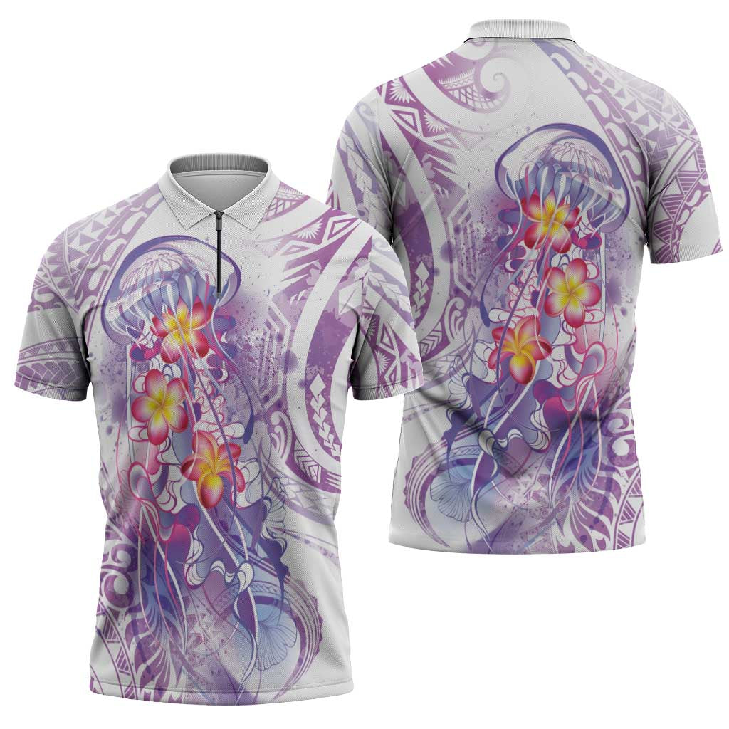 Lavender Polynesian Jellyfish Zipper Polo Shirt Watercolor Glows LT7 - Polynesian Pride
