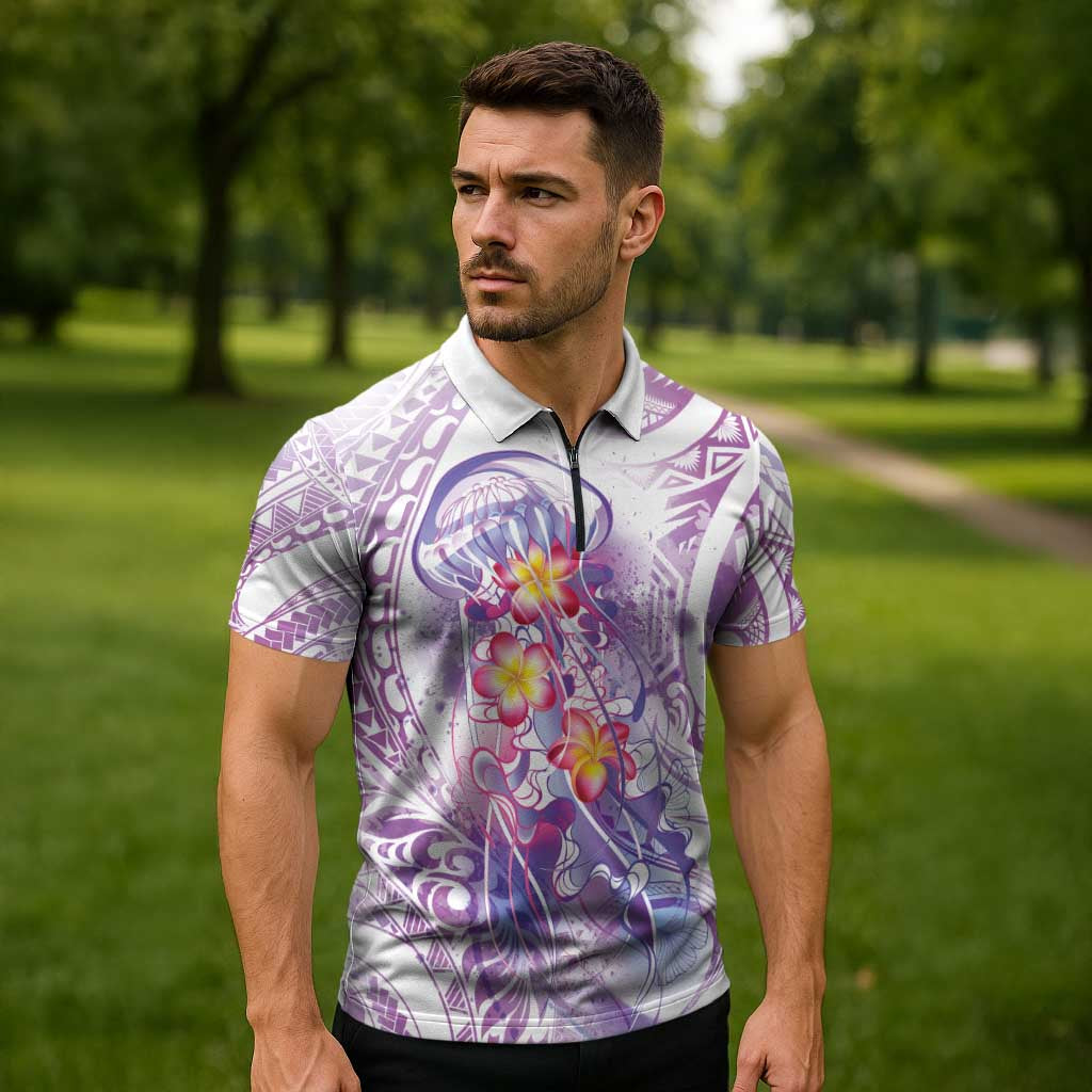 Lavender Polynesian Jellyfish Zipper Polo Shirt Watercolor Glows LT7 - Polynesian Pride